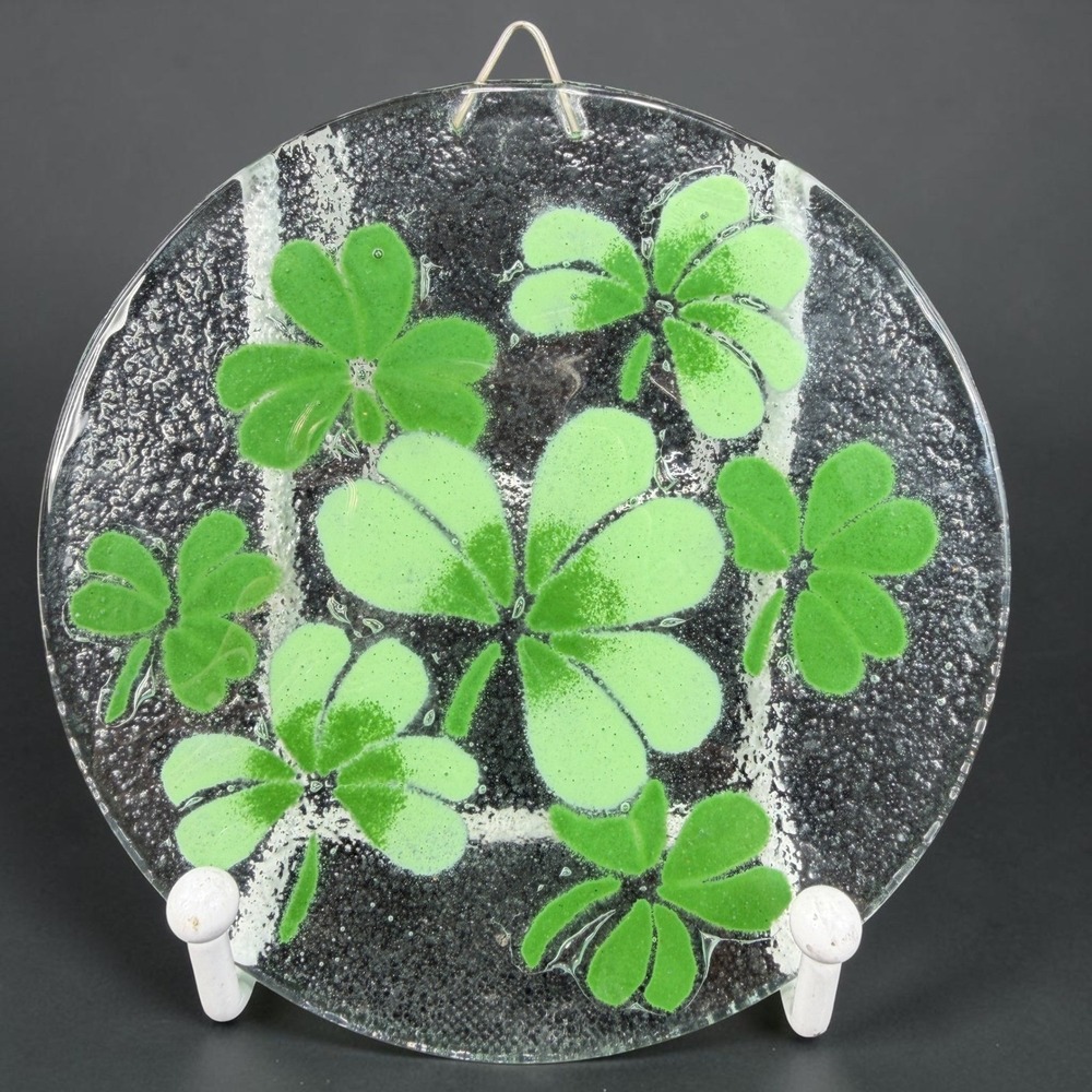 Handmade Fused Glass Shamrock Clover Suncatcher Green Wall Hanging 4.5 inch